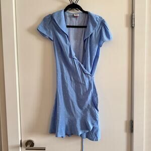 Aritzia Sunday Best Heart Ruffled Mini Wrap Dress Blue Short Sleeve Women Size S